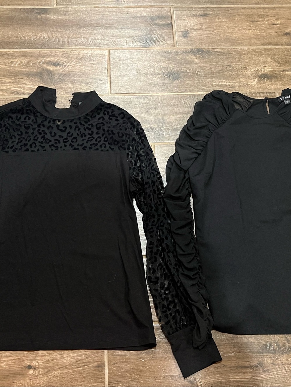 VENUS Black Long Sleeve Mock Neck Top with Velvet Leopard Accents